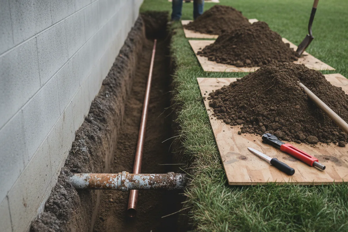 Excavated water line trench during Water Heater Repair in Stigler